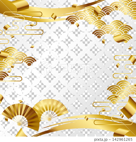 A luxurious fan with a Shippo (seven treasures) pattern background; square shape; white and gold. A luxurious fan with a Shippo (seven treasures) pattern background; square shape; white and gold. 142961265