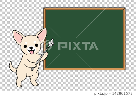An illustration of a chihuahua holding a pointer stick and pointing at a blackboard (instruction/explanation) 142961575