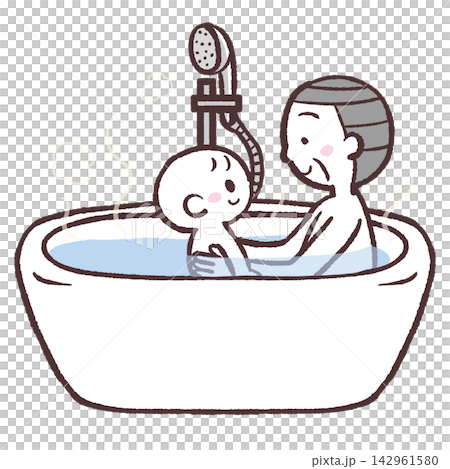 An illustration of a senior man bathing a baby. An illustration of a senior man bathing a baby. 142961580