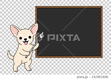 指し棒を持ってブラックボードを指すチワワのイラスト(案内・メニュー) 指し棒を持ってブラックボードを指すチワワのイラスト(案内・メニュー) 142961606