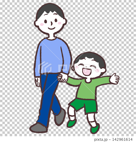 一幅描繪男子與男孩手牽手行走的插圖。 一幅描繪男子與男孩手牽手行走的插圖。 142961614