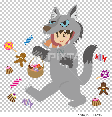 一幅描繪可愛小孩穿著狼人服裝和萬聖節糖果的插圖。 一幅描繪可愛小孩穿著狼人服裝和萬聖節糖果的插圖。 142961902