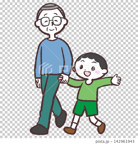 An illustration of a boy and a senior man holding hands. An illustration of a boy and a senior man holding hands. 142961943