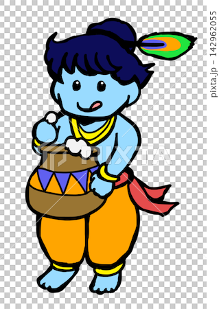 インドのジャンマシュタミ祭、バターを食べる可愛いクリシュナ神のちびキャライラスト インドのジャンマシュタミ祭、バターを食べる可愛いクリシュナ神のちびキャライラスト 142962055
