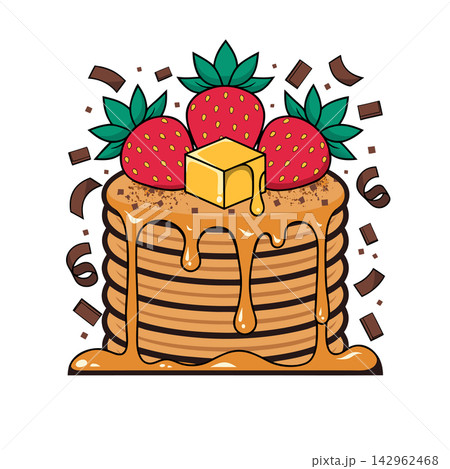 This is a colorful cartoon illustration of a tall stack of pancakes topped with dripping syrup, a pat of melting butter, and three fresh strawberri This is a colorful cartoon illustration of a tall stack of pancakes topped with dripping syrup, a pat of melting butter, and three fresh strawberri 142962468