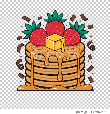 This is a colorful cartoon illustration of a tall stack of pancakes topped with dripping syrup, a pat of melting butter, and three fresh strawberri 142962468