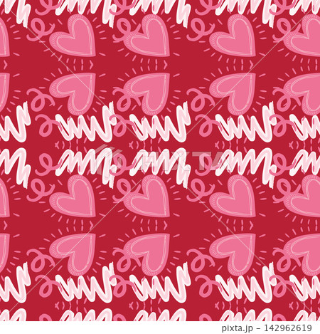 Decorative seamless repeat pattern with deep red backdrop, featuring pink heart doodles and curved brush lettering shapes with charming ornaments and accents for cards, wrapping paper and wallpaper Decorative seamless repeat pattern with deep red backdrop, featuring pink heart doodles and curved brush lettering shapes with charming ornaments and accents for cards, wrapping paper and wallpaper 142962619