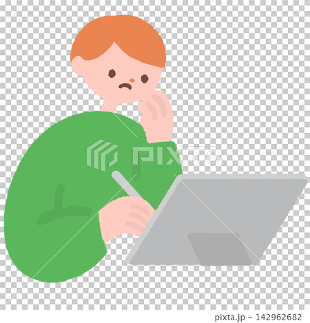 An illustration of a man struggling with work on a tablet. An illustration of a man struggling with work on a tablet. 142962682