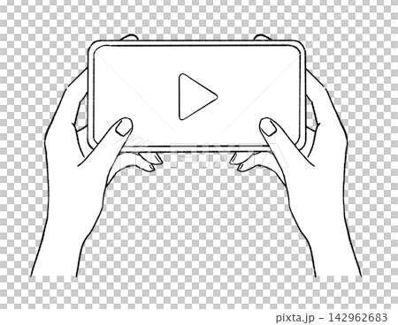 A line drawing of hands watching a video on a smartphone held horizontally. A line drawing of hands watching a video on a smartphone held horizontally. 142962683