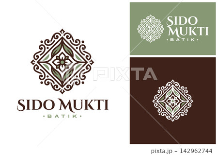 ido mukti batik floral logo template with elegant square frame for luxury goods. ido mukti batik floral logo template with elegant square frame for luxury goods. 142962744