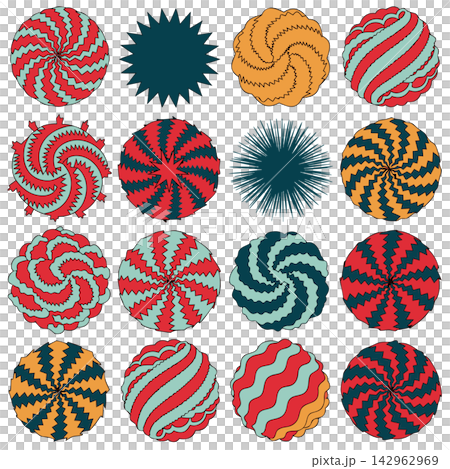 The image shows a set of 16 abstract circular and geometric vector shapes featuring zigzag patterns and optical illusions The image shows a set of 16 abstract circular and geometric vector shapes featuring zigzag patterns and optical illusions 142962969