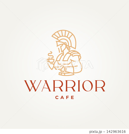 minimalist warrior cafe line art icon logo vector illustration design. simple modern warrior holding a coffee logo concept minimalist warrior cafe line art icon logo vector illustration design. simple modern warrior holding a coffee logo concept 142963616