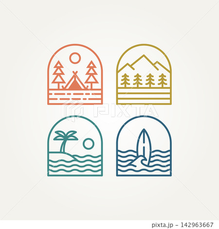 minimalist outdoor adventure line art badge icon logo vector illustration design. simple modern logo for cabin adventure, mountain travel, ocean beach, surf board emblem logo concept minimalist outdoor adventure line art badge icon logo vector illustration design. simple modern logo for cabin adventure, mountain travel, ocean beach, surf board emblem logo concept 142963667
