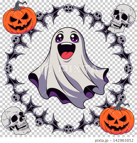 The image shows a cute cartoon-style illustration with a Halloween theme The image shows a cute cartoon-style illustration with a Halloween theme 142963852