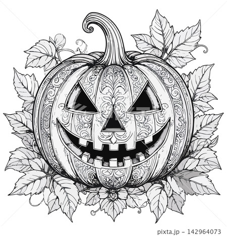 Halloween pumpkin with decorative carving and leaves Halloween pumpkin with decorative carving and leaves 142964073