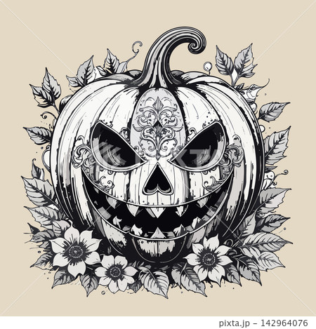 Carved halloween pumpkin with ornate scary face 142964076