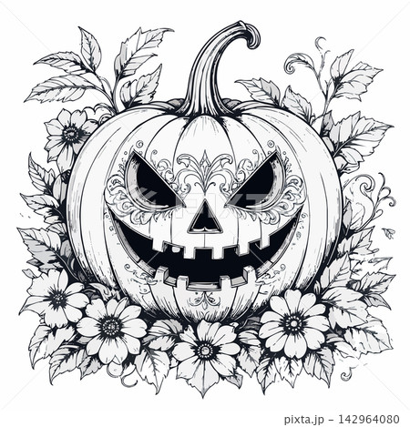 Scary carved pumpkin with flowers and leaves black and white outline Scary carved pumpkin with flowers and leaves black and white outline 142964080