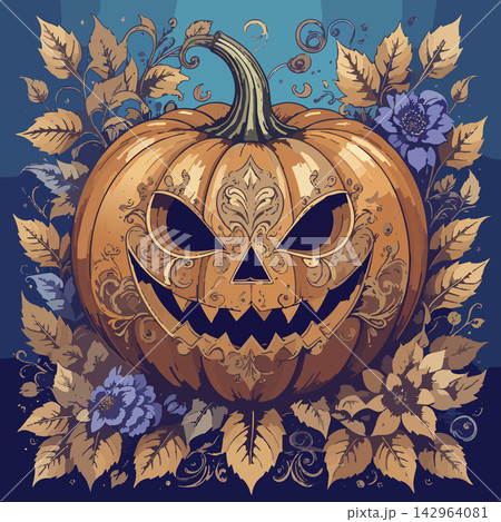 Scary carved pumpkin with ornate halloween decoration Scary carved pumpkin with ornate halloween decoration 142964081