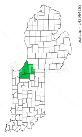 Michiana, a region in the USA, political map. Region in northern Indiana and southwestern Michigan, including the counties Elkhart, La Porte, Marshall, St. Joseph, Starke, Berrien, and Cass. Vector 142964165