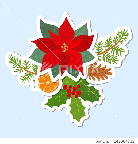 Christmas sticker arrangement with a blooming red poinsettia, green holly leaves with red berries, a pine cone, fir branches, and an orange slice. Flat vector winter floral illustration. Christmas sticker arrangement with a blooming red poinsettia, green holly leaves with red berries, a pine cone, fir branches, and an orange slice. Flat vector winter floral illustration. 142964313