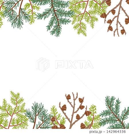Christmas frame background with green pine, fir, thuja branches, and brown cones on top and bottom borders. Flat vector winter forest botanical illustration isolated on a white background. 142964336