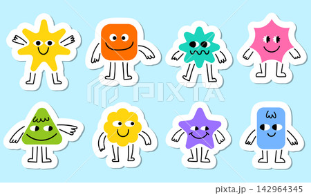 Cute geometric shape monster sticker set with colorful cartoon characters with funny faces and stick limbs. Flat vector illustration collection isolated on a light blue background. Cute geometric shape monster sticker set with colorful cartoon characters with funny faces and stick limbs. Flat vector illustration collection isolated on a light blue background. 142964345
