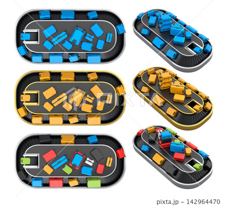 Set of Airport luggage conveyor belt or baggage claim area with suitcases on white. 142964470