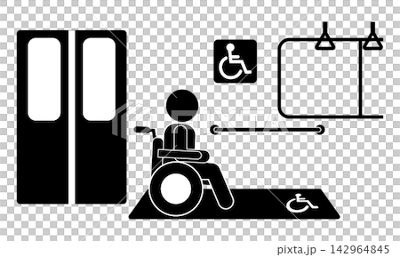 電車の車いすスペースを利用する車いすの人 ピクトグラム シルエット アイコン 142964845