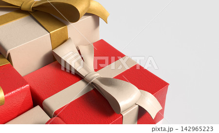 Elegant Red and Cream Gift Boxes with Decorative Ribbon Bows 3d render. Elegant Red and Cream Gift Boxes with Decorative Ribbon Bows 3d render. 142965223