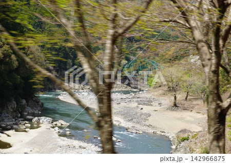 新緑の山間を流れる渓流と緑の橋 新緑の山間を流れる渓流と緑の橋 142966875