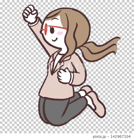 A side view illustration of a female office worker jumping. A side view illustration of a female office worker jumping. 142967104