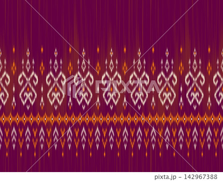 Hand-drawn seamless purple floral ikat pattern for luxury ethnic textiles and apparel design 142967388