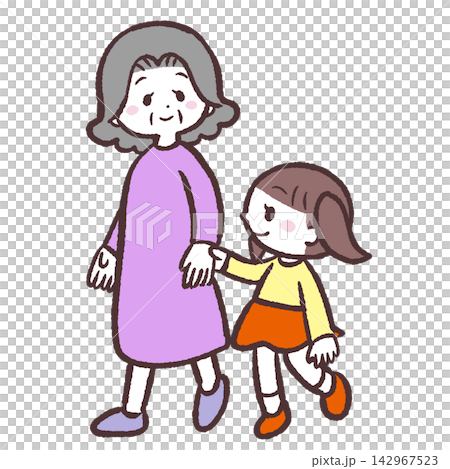 一幅女孩和一位老婦人手牽手的插圖。 一幅女孩和一位老婦人手牽手的插圖。 142967523