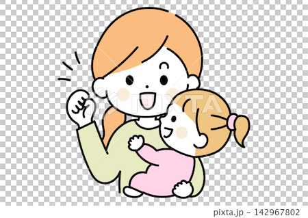 子どもを抱っこしてガッツポーズをする笑顔の母親と親子イラスト 子どもを抱っこしてガッツポーズをする笑顔の母親と親子イラスト 142967802
