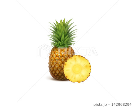 Whole and slice of Realistic Pineapple fruit on Transparent background 142968294