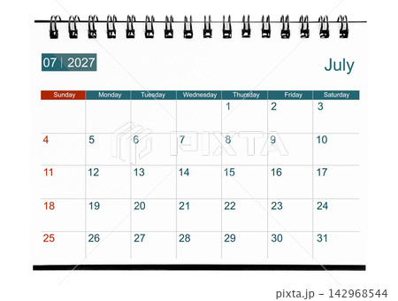 July 2027 calendar. Page of the annual business desk month calendar isolated on white. 142968544