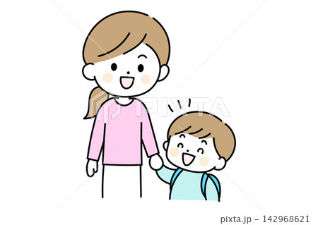 手をつないで歩く笑顔の母親と子ども 142968621