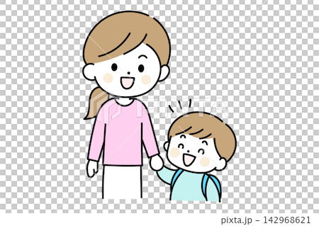 手をつないで歩く笑顔の母親と子ども 142968621