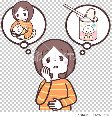 一幅描繪孕婦思考母乳和配方奶的插圖。 142970620