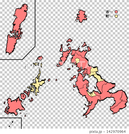 長崎縣地圖:城市/城鎮彩色(筆觸風格) 長崎縣地圖:城市/城鎮彩色(筆觸風格) 142970964