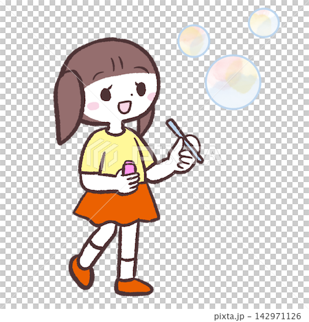 An illustration of a girl gazing at soap bubbles. An illustration of a girl gazing at soap bubbles. 142971126