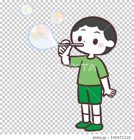一個男孩玩肥皂泡的插圖 一個男孩玩肥皂泡的插圖 142971128