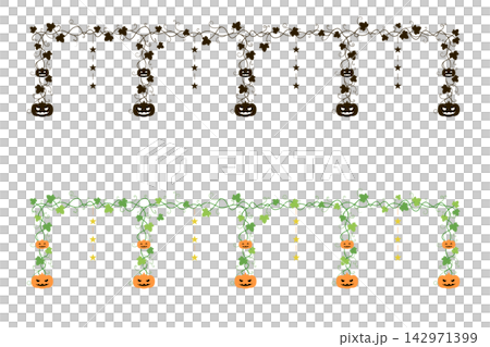 秋のハロウィン飾り ジャックオーランタンと蔓のフレーム素材 背景透過 142971399