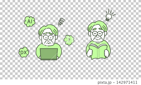 An illustration depicting an active senior diligently working on risk reduction (a set of materials showing the challenges of DX and how to learn from them to solve them). An illustration depicting an active senior diligently working on risk reduction (a set of materials showing the challenges of DX and how to learn from them to solve them). 142971411