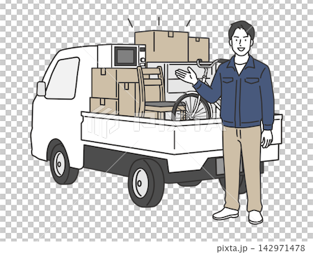 一幅插圖，描繪了一輛輕型卡車的貨廂裡裝滿了不需要的物品，一名身穿工作服的男性工作人員正在指引方向。 142971478