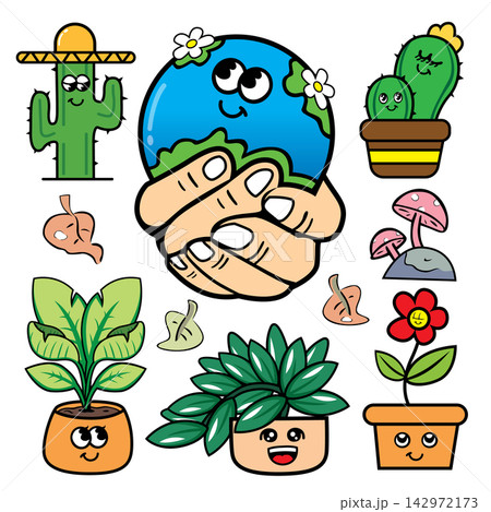 Cute cartoon earth with different plants and flowers. Vector illustration. Cute cartoon earth with different plants and flowers. Vector illustration. 142972173