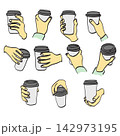 Hand holding a disposable coffee cup illustration vector sketch with black lines 142973195