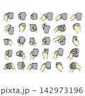 set of hand holding hot coffee cup illustration vector sketch with black lines 142973196