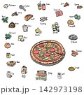 pizza and ingredien illustration vector sketch with black lines 142973198