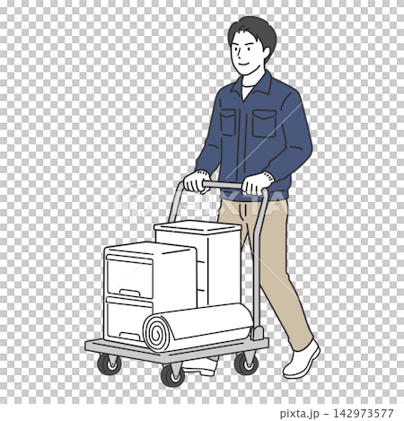 A full-body illustration of a male staff member in work clothes loading and transporting goods on a hand truck, likely for loading or moving. A full-body illustration of a male staff member in work clothes loading and transporting goods on a hand truck, likely for loading or moving. 142973577